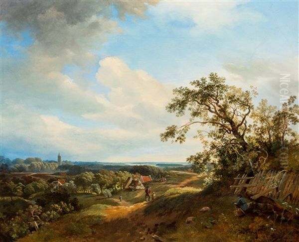 Artist At Work In A Panoramic Summer Landscape Oil Painting by Pieter Lodewijk Francisco Kluyver