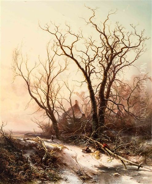 Gathering Wood On A Wintery Afternoon Oil Painting by Pieter Lodewijk Francisco Kluyver