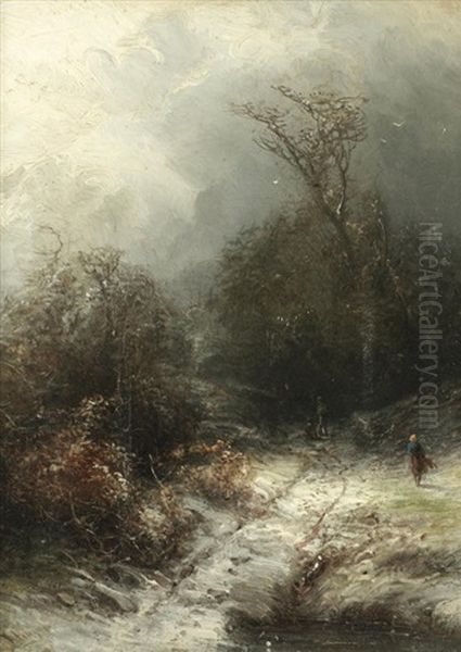 Figures Collecting Wood On A Snowy Path Oil Painting by Pieter Lodewijk Francisco Kluyver