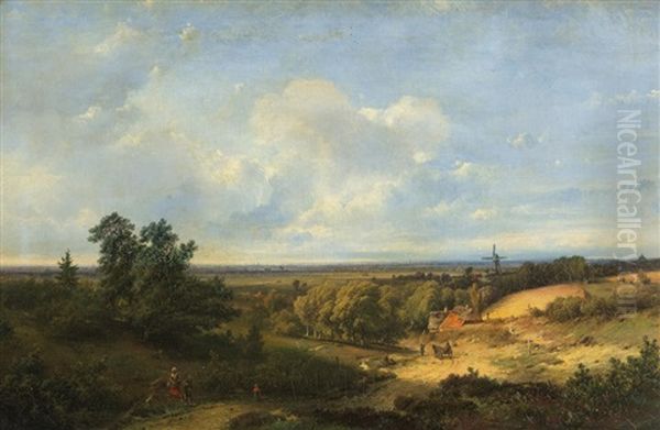 Extensive Landscape With A Windmill In The Distance by Pieter Lodewijk Francisco Kluyver