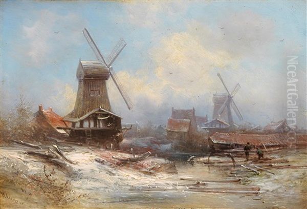 Winter Landscape Oil Painting by Pieter Lodewijk Francisco Kluyver