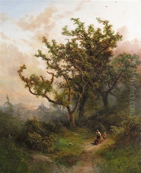 Woodland Scene With A Woodman And His Daughter Oil Painting by Pieter Lodewijk Francisco Kluyver