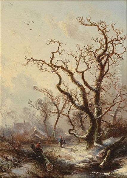 Oaks In A Winter Woodland Oil Painting by Pieter Lodewijk Francisco Kluyver