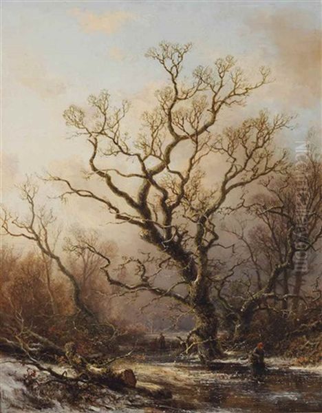 A Wooded Landscape In Winter Oil Painting by Pieter Lodewijk Francisco Kluyver