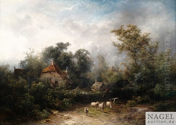 Bewaldete Landschaft Mit Bauernhausern Und Kleiner Schafherde Auf Einem Fahrweg Oil Painting by Pieter Lodewijk Francisco Kluyver