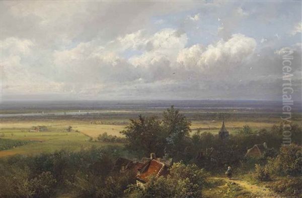 A Panoramic Landscape Oil Painting by Pieter Lodewijk Francisco Kluyver