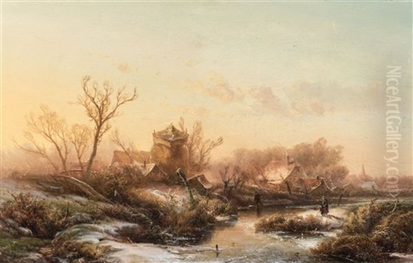 A Winter Landscape With Ice Skaters At Dusk Oil Painting by Pieter Lodewijk Francisco Kluyver