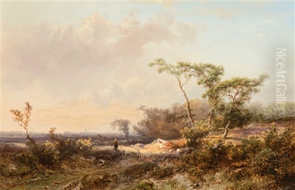 Woman On A Path In A Heather Landscape Oil Painting by Pieter Lodewijk Francisco Kluyver