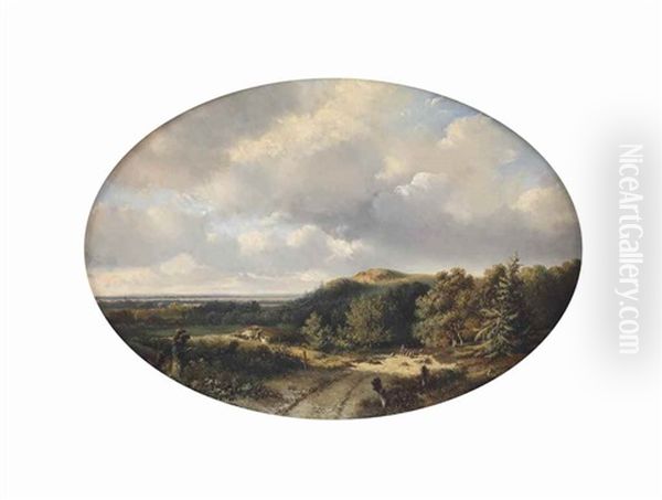 A Panoramic Landscape Oil Painting by Pieter Lodewijk Francisco Kluyver