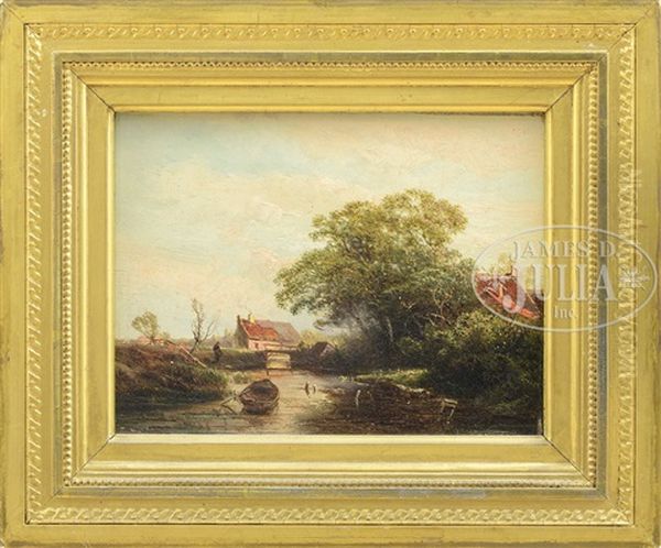 Landscape With Water, Figure And Houses Oil Painting by Pieter Lodewijk Francisco Kluyver