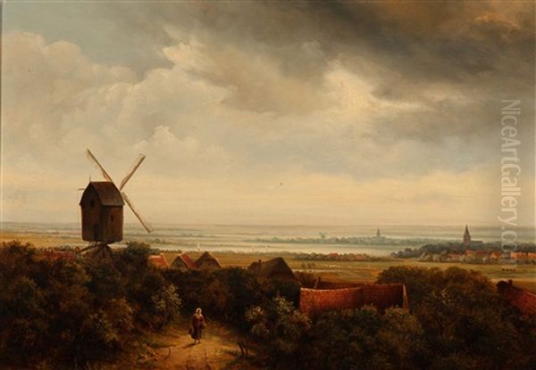 Wide River Landscape With Windmill Oil Painting by Pieter Lodewijk Francisco Kluyver