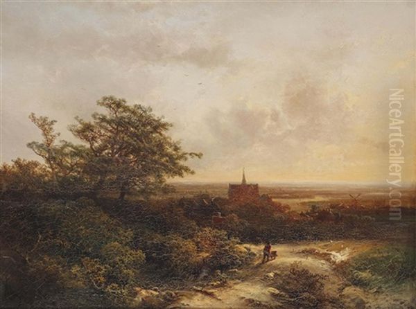 A Wooded Landscape With A Village In The Background Oil Painting by Pieter Lodewijk Francisco Kluyver