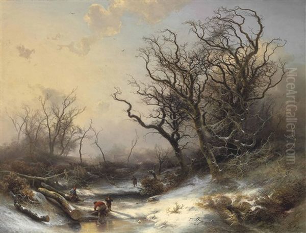 Wood Gatherers In A Snowy Landscape Oil Painting by Pieter Lodewijk Francisco Kluyver