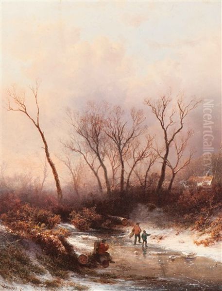 Wood Gatherers On The Ice Oil Painting by Pieter Lodewijk Francisco Kluyver