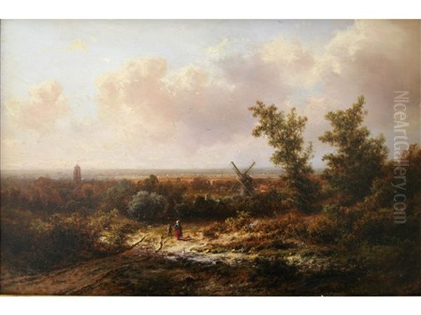 Figures On A Country Track, A Windmill Beyond Oil Painting by Pieter Lodewijk Francisco Kluyver