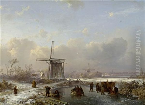 Winterlandschaft Mit Einem Zugefrorenem Kanal Und Figuren Oil Painting by Pieter Lodewijk Francisco Kluyver