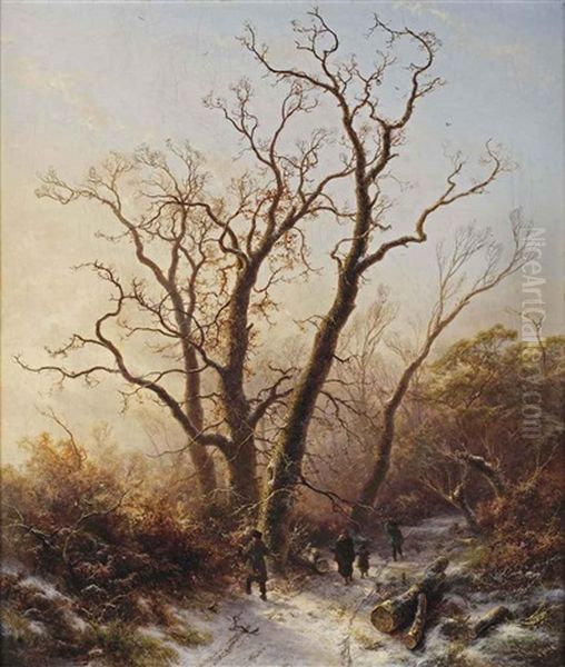 Gathering Wood On A Cold Wintersday Oil Painting by Pieter Lodewijk Francisco Kluyver