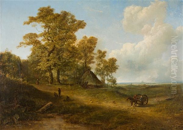 Hollandische Landschaft Mit Bauernstaffage, Am Horizont Die Silhouette Einer Stadt Oil Painting by Pieter Lodewijk Francisco Kluyver