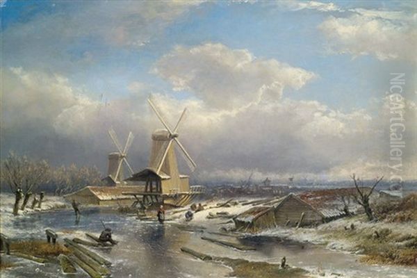 Hollandische Winterlandschaft Mit Zugefrorenem Kanal Oil Painting by Pieter Lodewijk Francisco Kluyver