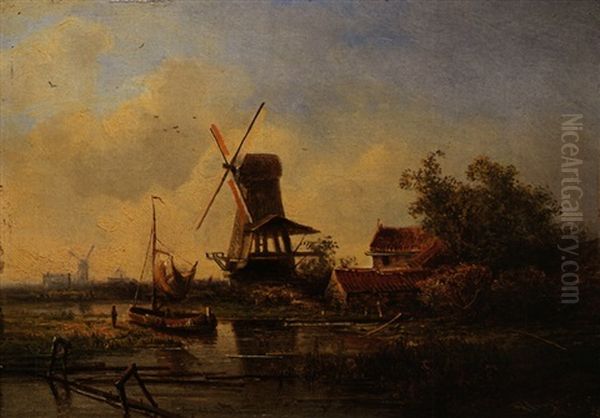 Kanallandschaft Mit Windmuhlen Oil Painting by Pieter Lodewijk Francisco Kluyver