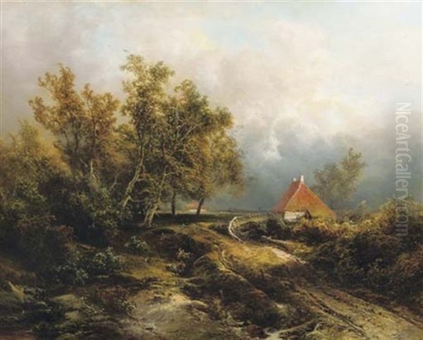 Farmhouses In A Wooded Landscape Oil Painting by Pieter Lodewijk Francisco Kluyver