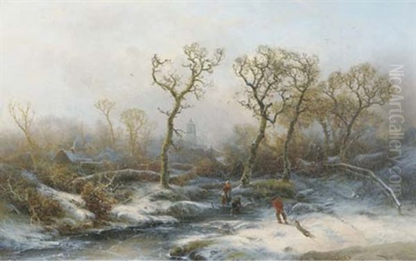 Gathering Wood In Winter Oil Painting by Pieter Lodewijk Francisco Kluyver