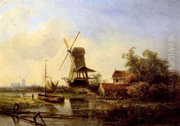 Kanallandschaft Mit Windmuhlen Oil Painting by Pieter Lodewijk Francisco Kluyver