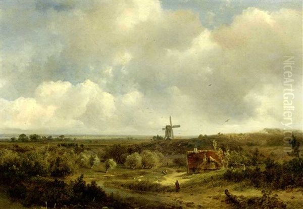 Figures In An Extensive Summer Landscape, A Windmill In The Distance Oil Painting by Pieter Lodewijk Francisco Kluyver