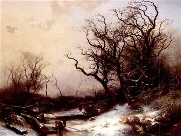 Wood-gatherers In A Snowy Landscape Oil Painting by Pieter Lodewijk Francisco Kluyver