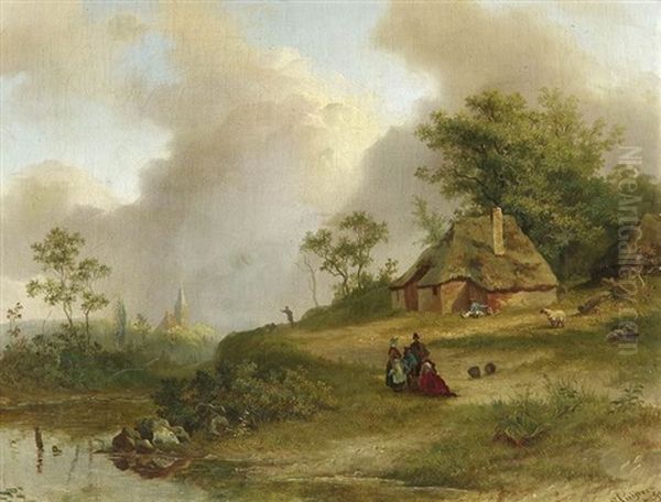 Weite Sommerliche Landschaft Mit Einer Personengruppe Vor Einer Kate Oil Painting by Pieter Lodewijk Francisco Kluyver