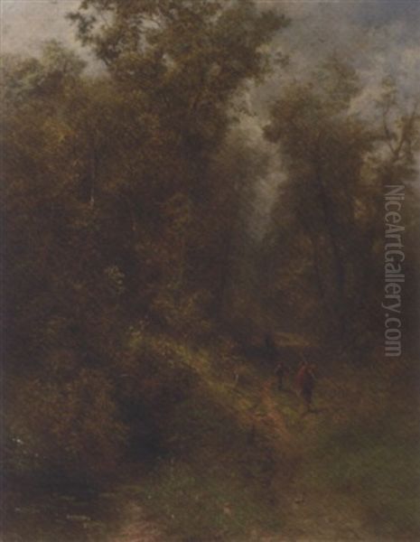 Figures On A Forest Path Oil Painting by Pieter Lodewijk Francisco Kluyver