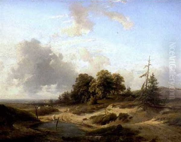 Baumlandschaft An Einem Gewasser, Von Dem Sich Gerade Eine Schafherde Entfernt Oil Painting by Pieter Lodewijk Francisco Kluyver