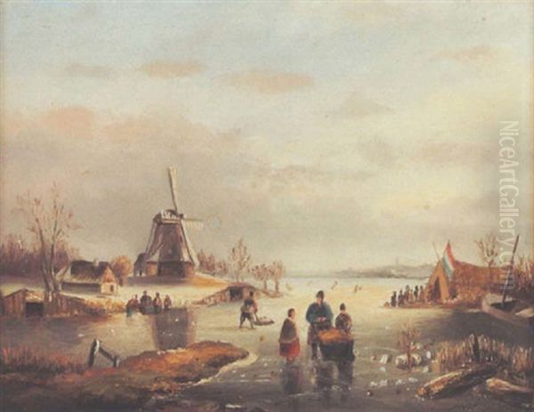 Winterliche Partie Auf Einem Zugefrorenen See Oil Painting by Pieter Lodewijk Francisco Kluyver