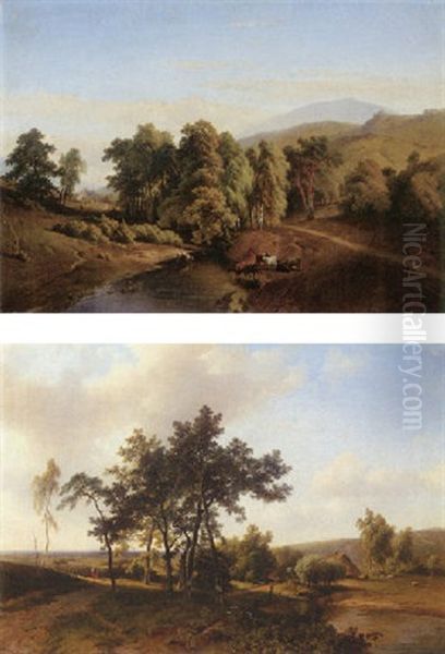 A Summer Landscape With Cows Fording In A River Oil Painting by Pieter Lodewijk Francisco Kluyver