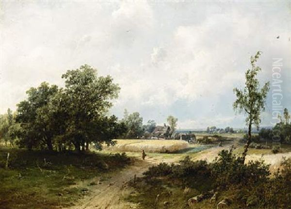 A Panoramic Landscape With Travellers On A Path Oil Painting by Pieter Lodewijk Francisco Kluyver