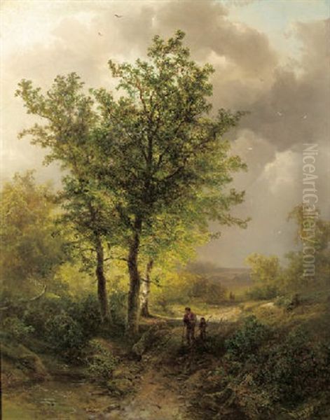 Peasants In A Wood, A Storm In The Distance Oil Painting by Pieter Lodewijk Francisco Kluyver