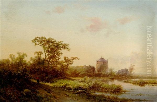 A Summer Landscape At Dusk With A Farm Beyond Oil Painting by Pieter Lodewijk Francisco Kluyver