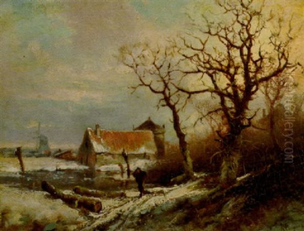 A Winter Landscape With A Wood Gatherer On A Snowy Track Oil Painting by Pieter Lodewijk Francisco Kluyver