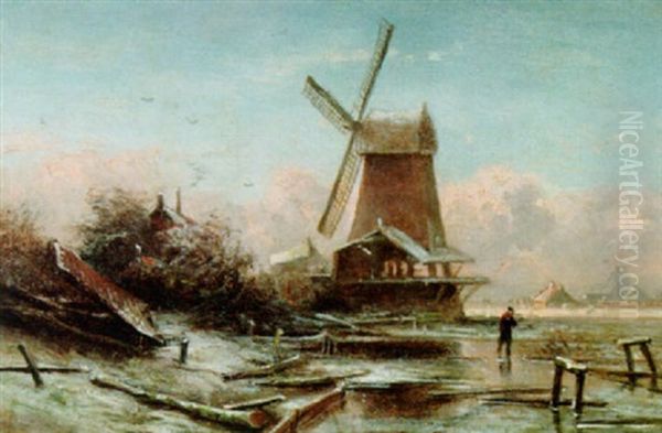 A Winter Landscape With A Windmill Oil Painting by Pieter Lodewijk Francisco Kluyver