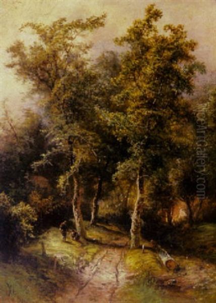 Two Figures Near A Country Lane Oil Painting by Pieter Lodewijk Francisco Kluyver