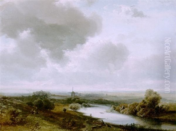 A Panoramic Landscape (near Montferland?) Oil Painting by Pieter Lodewijk Francisco Kluyver