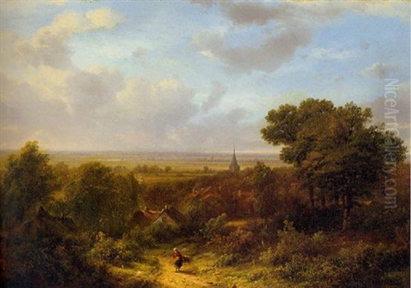 Summer Landscape With A Woodgatherer On A Sandy Track Oil Painting by Pieter Lodewijk Francisco Kluyver