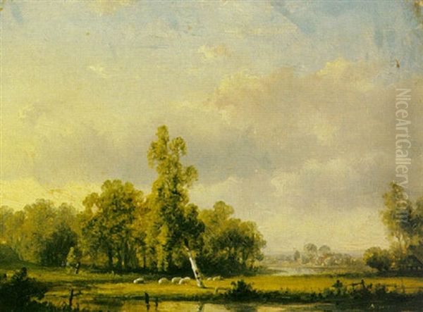 A Summer Landscape Oil Painting by Pieter Lodewijk Francisco Kluyver