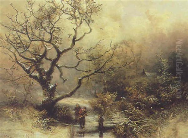 Figures By The Ice In A Winter Landscape Oil Painting by Pieter Lodewijk Francisco Kluyver