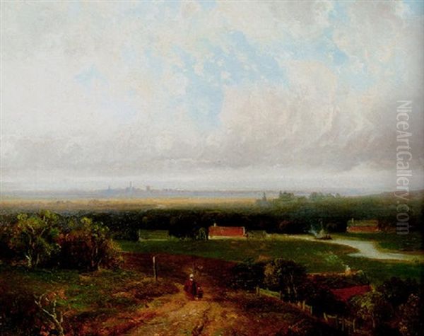 A Panoramic View Of Haarlem With Figures On A Track In Kraantje Lek In The Foreground Oil Painting by Pieter Lodewijk Francisco Kluyver