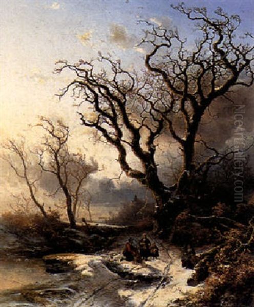 Faggotgatherers In A Wintry Forest Oil Painting by Pieter Lodewijk Francisco Kluyver