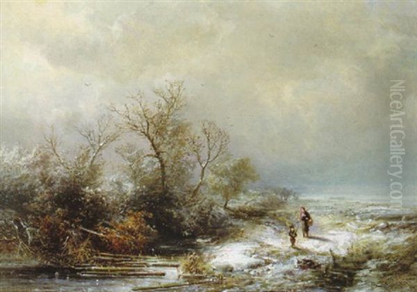 Geanimeerd Winterlandschap Oil Painting by Pieter Lodewijk Francisco Kluyver