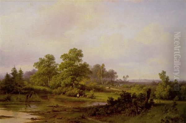 Waldlandschaft Mit Einem Hirten Am Teich, In Der Ferne Eine Ortschaft Oil Painting by Pieter Lodewijk Francisco Kluyver