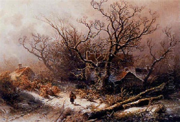 Figures On A Snowy Country Road Oil Painting by Pieter Lodewijk Francisco Kluyver