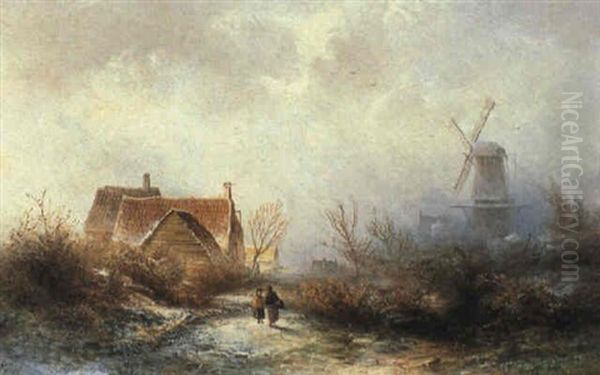 Winter Landscape With Figures By A Mill Oil Painting by Pieter Lodewijk Francisco Kluyver